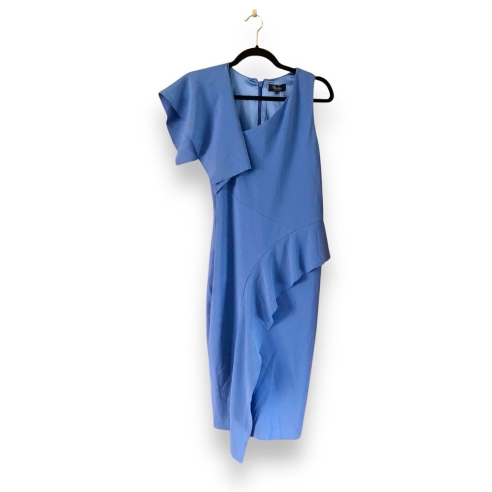 Parker Black Shara Midi Dress Periwinkle Asymmetrical Ruffle NWT Size 4 Cocktail - Picture 3 of 6
